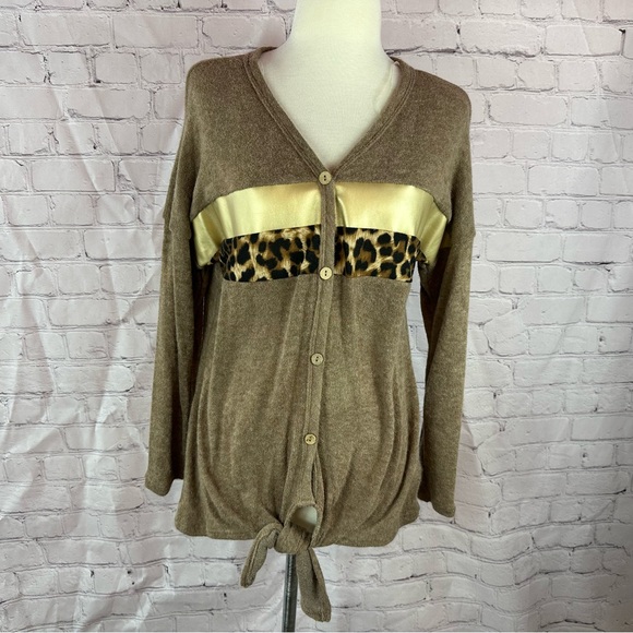 NWT First Love boutique taupe Cardigan metallic Gold Leopard stripe - Picture 1 of 11